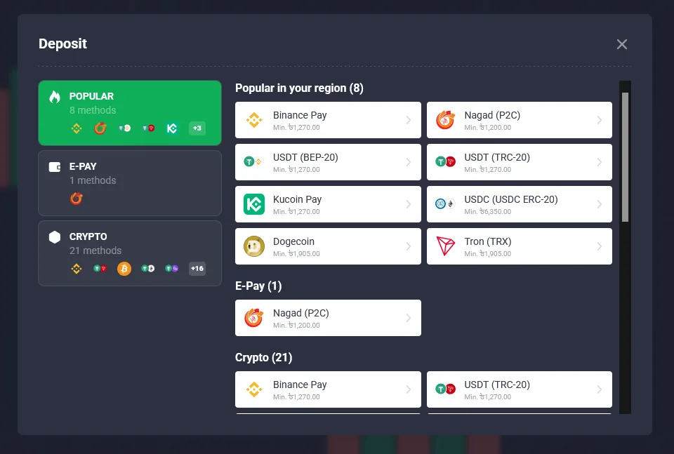 The Quotex deposit cashier showing popular, e-wallet and crypto payment methods